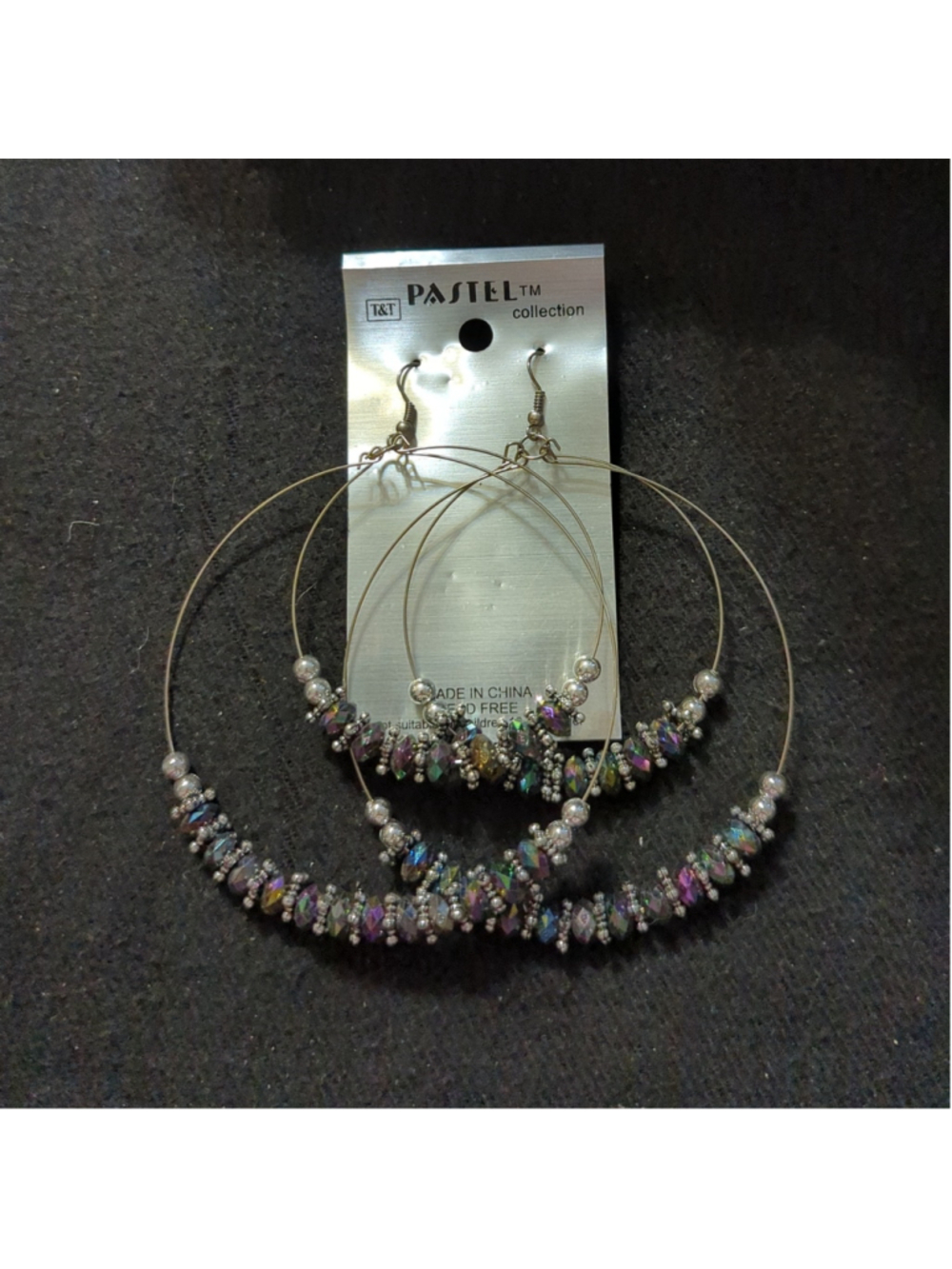 Pastel Collection Silver Tone Black Beaded Hoop Dangle Statement Earrings